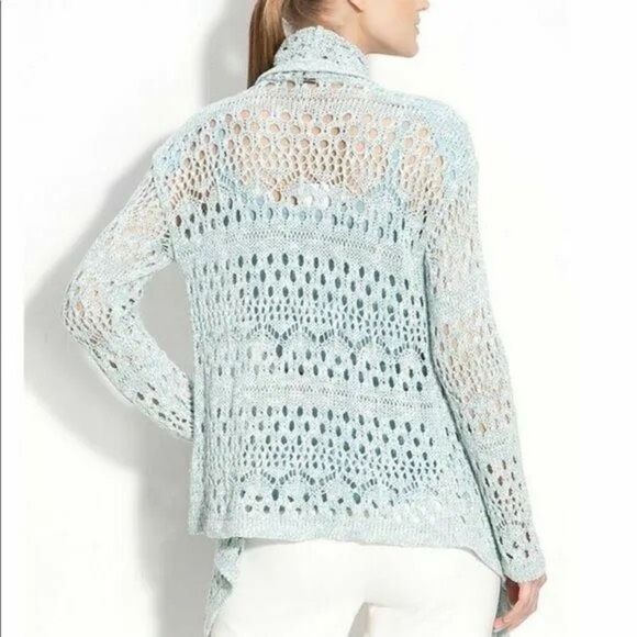 St. John knitted crochet blue draped cardigan sweater size M - Picture 2 of 9